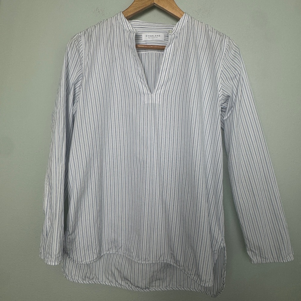 Everlane Popover Notch Collar Blue White Mini‎ Stripe 3/4 Sleeve Blouse Top Sz 6